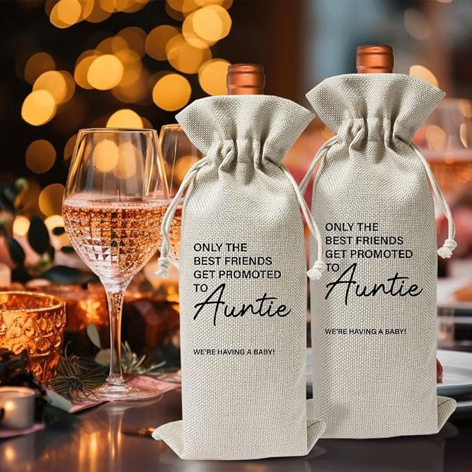 EUFJDKSL Pairs Well With Becoming Auntie Wine Gift Bag, Wine Bag for Pregnancy Announcement, New Aunt for Baby Announcement, Cotton Linen Wine Gift Bag With Drawstring