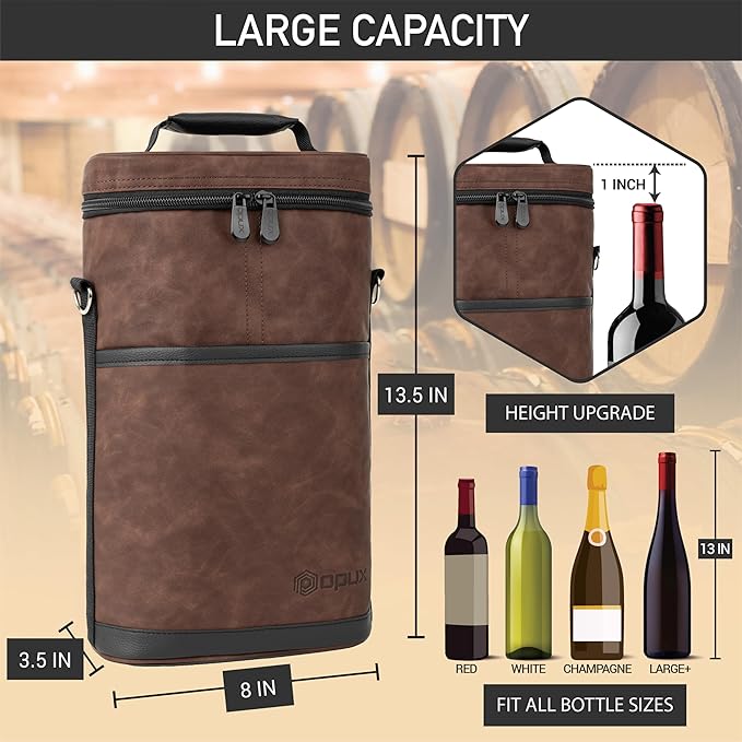 OPUX 2 Bottle Wine Carrier Tote, Insulated Leakproof Wine Cooler Bag, Wine Travel Bag for Picnic BYOB Beach, Portable Wine Bottle Carrying Case, Gift for Wine Lover Women Men Christmas, Brown Leather
