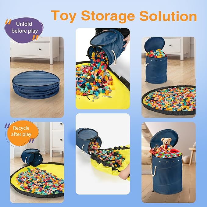 Toy Storage Basket + Play Mat for Kids Toy Chest Organizer Kids Toy Storage Organizer Foldable Big Storage Bins with Lids Large Toy Box for Boys Girls Toy Holders for Kids Rooms Nursery (Blue)