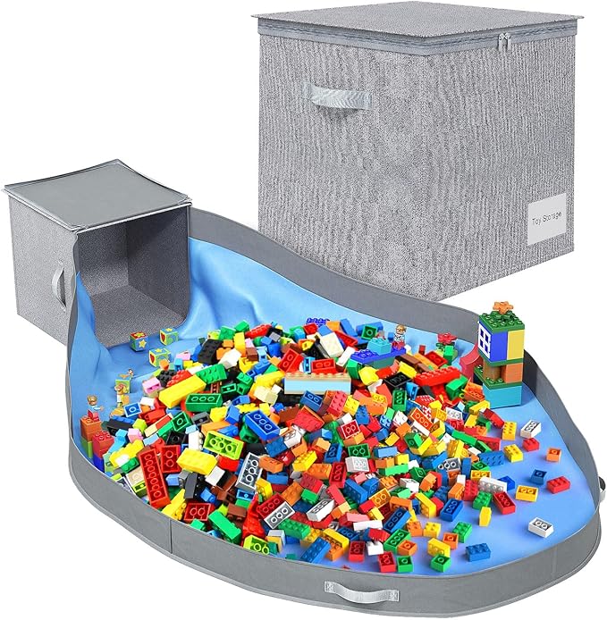 Toy Storage Organizer and Play Mat - Stackable and Foldable Cube Toy Organizers and Storage Bins for Boys and Girls 13"x13"x13" (Warm Grayish Beige)