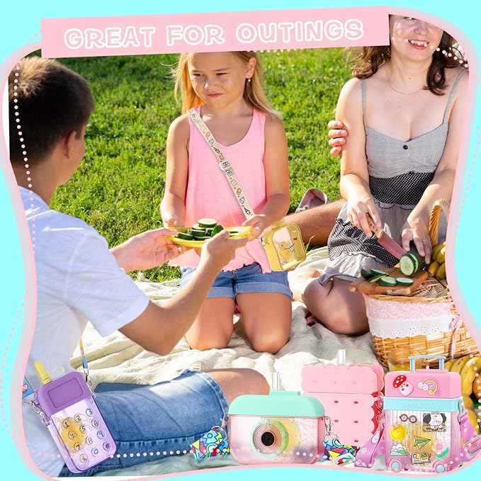 Patelai 8 Pcs Cute Water Bottles with Straw Kawaii Watermelon Ice Cream Cups Leak Proof Drinking Bottles with Adjustable Shoulder Strap for Sports Travel Camping(Stylish Style)