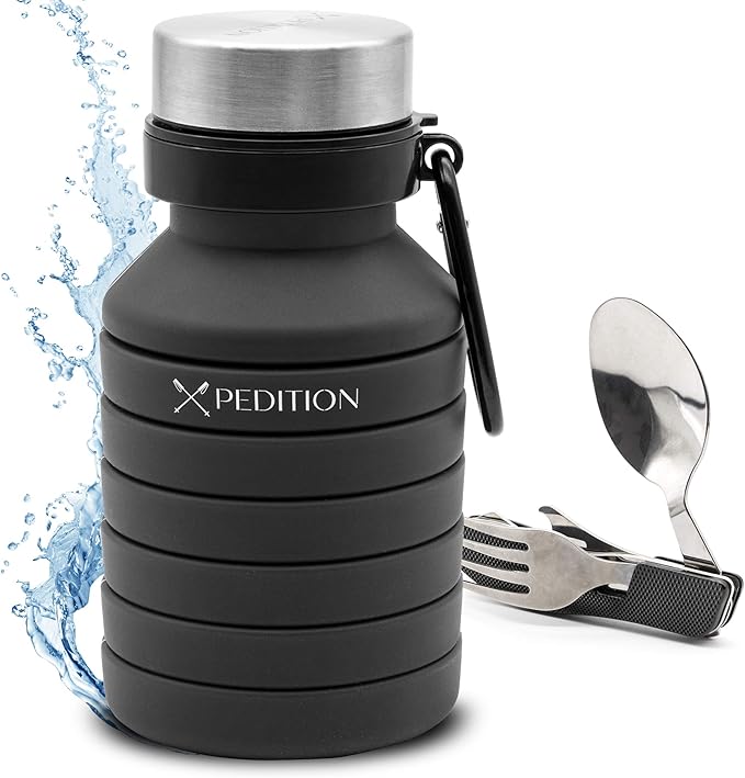 Collapsible Water Bottle, Stainless Steel Fork Knife Spoon Bottle Opener Travel Cutlery, Flat Folding Camping silverware utensils, Lunch Cutlery, Survival Gear, Flatware Tableware - Hiking Equipment
