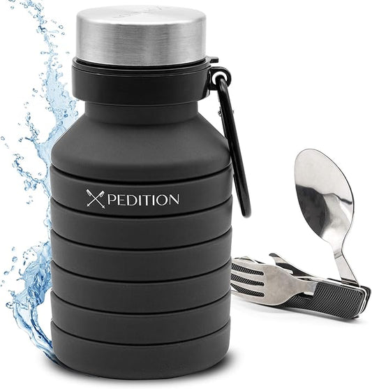 Collapsible Water Bottle, Stainless Steel Fork Knife Spoon Bottle Opener Travel Cutlery, Flat Folding Camping silverware utensils, Lunch Cutlery, Survival Gear, Flatware Tableware - Hiking Equipment