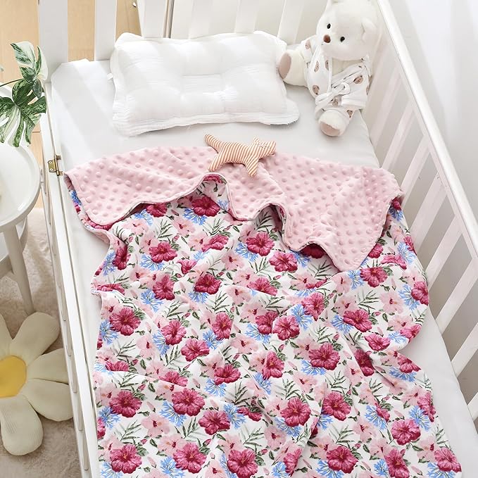 DaysU Silky Micro Soft Plush Baby Blankets for Girls with Print Pattern and Soothing Raised Dots, Double Layer Bed Throws for Baby Crib, Flower, Pink, 30x40 Inches