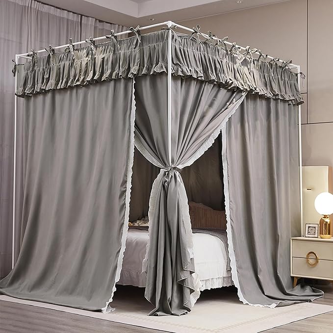 4 Corners Post Princess Ruffle Curtain Bed Canopy Lace Up Elastic Cozy Breathable Tent Mosquito Net for Girls Bedroom Decoration(Grey, 59-64" W*82" L*82" H/Queen)