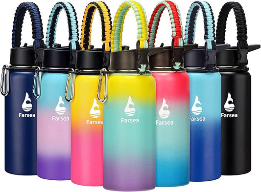 Farsea Insulated Water Bottle with Straw Lid & Spout Lid & Paracord Handle, Stainless Steel Water Bottle Wide Mouth, Double Wall Sweat-Proof BPA-Free, 32 oz, Dawn