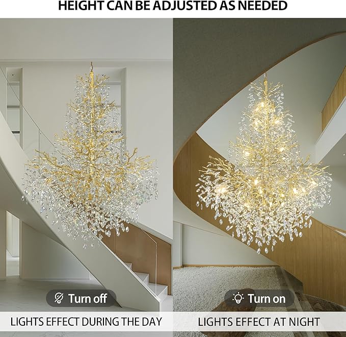 H65'' Gold Crystal High Ceilings Chandeliers Staircase Chandeliers Modern Crystal Tree Branch Chandelier, D48'' Foyer Chandelier for High Ceiling Luxury Large Living Room Chandelier, 27-Lights