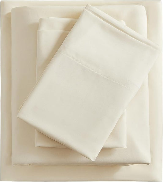 Twin Sheets Cream, Ultral Soft Cationic Linen Look Sheets, Luxury Cooling Cozy Bed Sheet Set with Non-Slip Fitted Sheet
