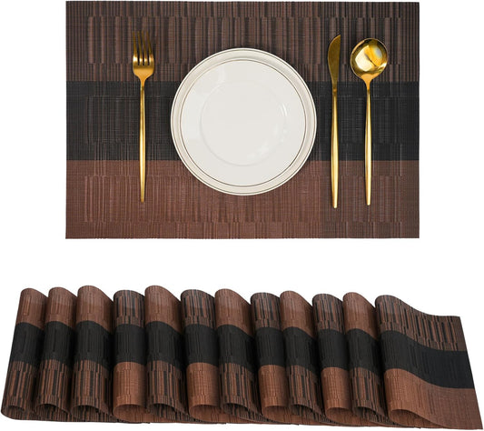 Placemats Set of 12，Non-Slip PVC Weave Table Mats Easy to Clean，Heat Resistant Place Mats for Kitchen Dining Table Decoration Indoor Outdoor，Black Brown
