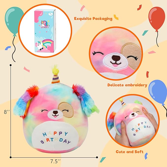 Easfan 8’’ Rainbow Birthday Dog Plush Pillow Soft Puppy Plush Toy Cute Dog Stuffed Animal Birthday Gifts for Kids Toddlers