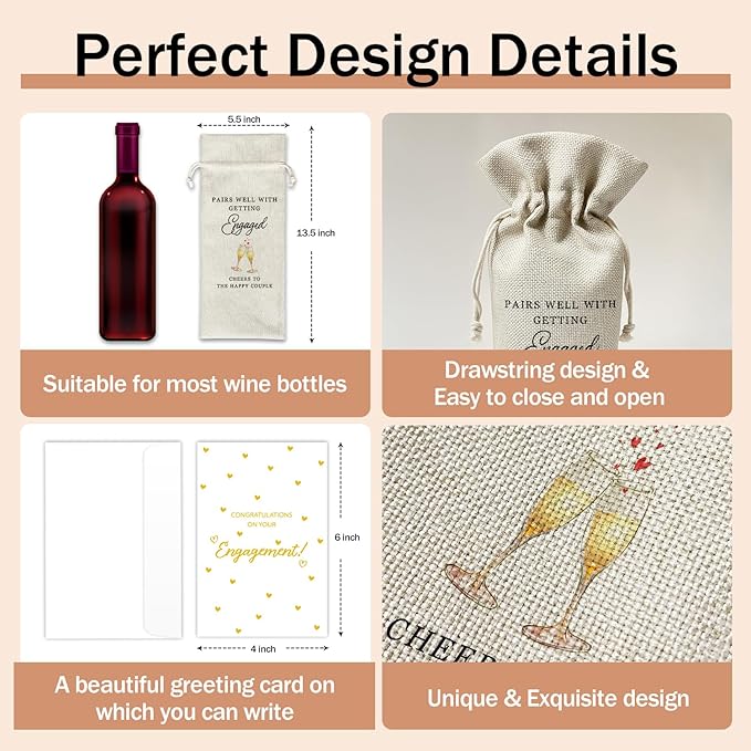 Engagement Wine Gift Bags & Card, Bridal Shower Gift Wedding Gifts for Bride Groom Newlyweds Newly Engaged Couples, 1 pcs Reusable Burlap Wine Gift Bags for Wine Bottles, Wedding Party Favor -06