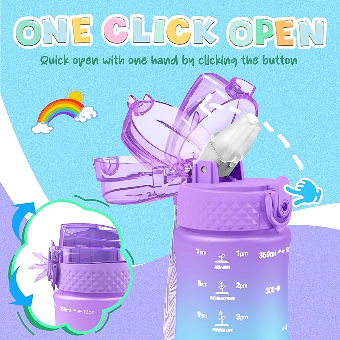 OLDLEY Kids Water Bottle for School, 12 oz (2 lids) BPA-Free Reusable Leak-proof Durable Tritan Plastic Water Bottles with Straw & Chug Lids, Anti-dust Spout Cover (Macaroon)