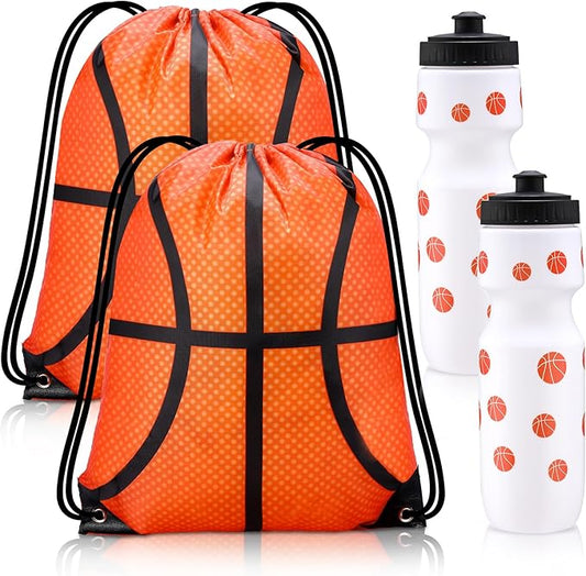 Talltalk 4 Pcs Basketball Party Favors 24 oz Basketball Water Bottle Gift for Basketball Team with Drawstring Bag Basketball Tumbler Cup Sports Themed Accessories for Event Gift Supplies