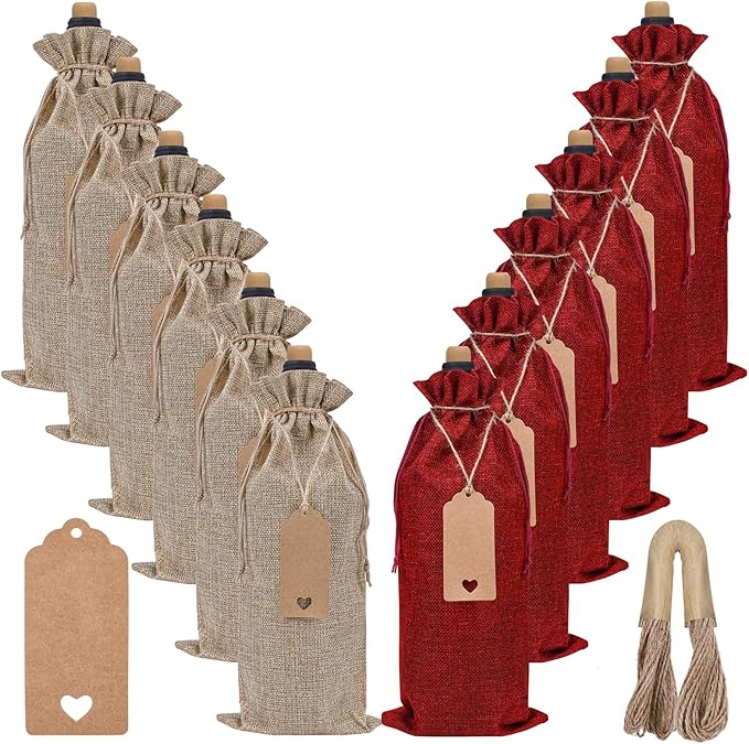 EVRWO Burlap Wine Bags 12 Pcs Wine Bottle Gift Bags Reusable Gift Bags With Drawstrings Tags & Ropes for Holiday Weedings Party, Birthdays, Travel, Blind Tastings, Home Storage 750ml