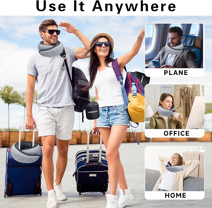 Travel Neck Pillow for Airplanes, 100% Pure Memory Foam Neck Support Pillow 360°Adjustable Full Surrounding Travel Pillow for Long Flights, Car, Train and Home Use, Light Grey