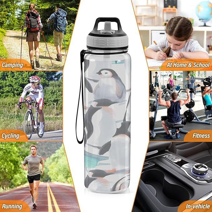 Kigai Cute Penguin Clear Water Bottle with Straw Lid, BPA-Free Leakproof Sport Water Bottle 32oz Large Gym Water Jug for Men Women Travel Fitness Outdoor