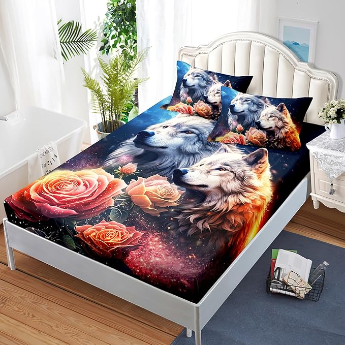 AILONEN Wolf Fitted Sheet Set Twin Size, Red Floral Flower and Wolves Animals Bed Sheet Set,3 Pieces Safari Wolf Bed Sheet Set for Boys Girls,1 Fitted Sheet with 2 Pillowcases