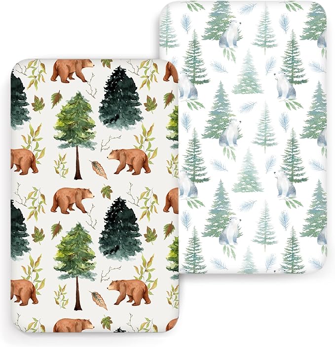 ACRABROS Crib Sheets for Girl Boy: Stretchy Baby Fitted Crib Mattress Sheets Sets 2 Pack Standard Size Ultra Soft Neutral, Bears &Forest
