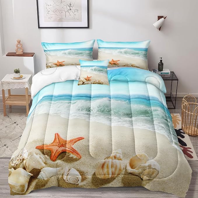 Bedbay Coastal Bedding King Size Beach Comforter Set Boys Girls Beach Room Decor Starfish Seashore Beach Quilt Set 4 Pcs Beachy Duvet Insert Soft Down Comforter for All Seasons(Conch,King)