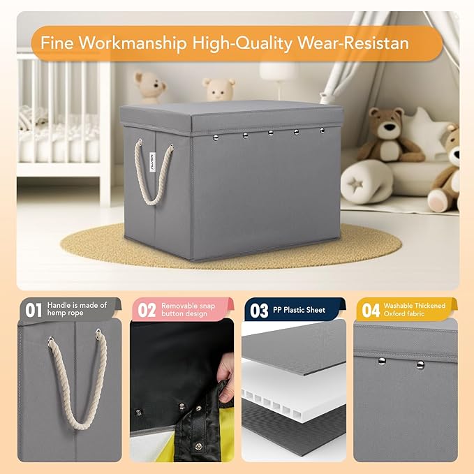 Toy Storage Box + Play Mat for Kids Toy Chest Organizer Kids Toy Storage Organizer Foldable Big Storage Bins with Lids Large Toy Box for Boys Girls Toy Holders for Kids Rooms Nursery (Gray)