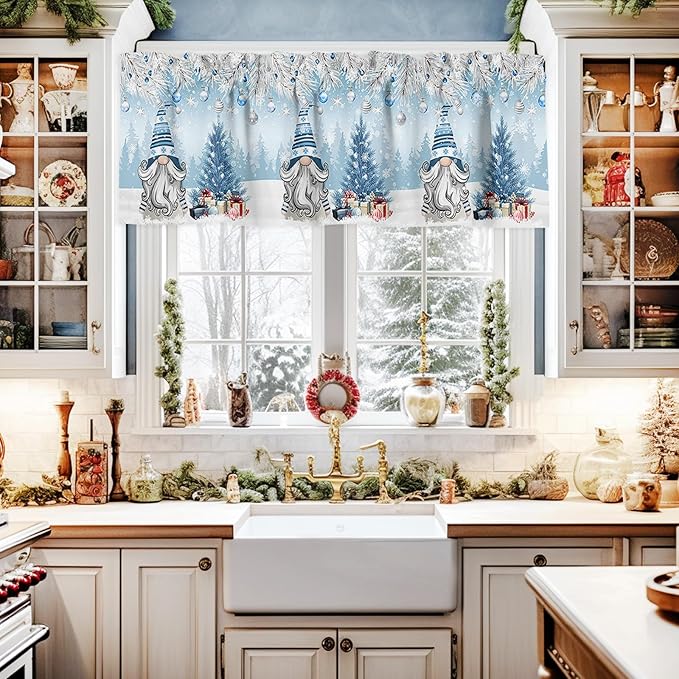 Christmas Gnome Valance Curtains for Kitchen Windows Winter Merry Christmas Tree Balls Rod Pocket Window Treatment Toppers for Kitchen/Living Room/Bedroom/Bathroom, 42" X 12", Blue