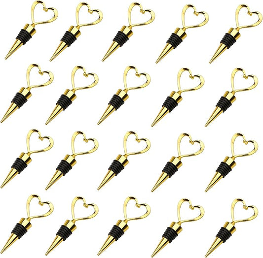 20PCS Heart Wine Stoppers, Love Shaped Design Bottle Stopper for Wine Beverage Guests Gift Summer Beach Party Favors Valentine's Day Souvenirs Bridal Shower Wedding Supplies Bulk-Gold