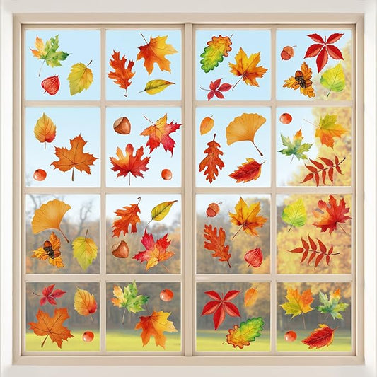 Fall Window Clings for Glass Windows Autumn Maple Leaf Window Static Stickers Double-Sided Leaves Hazelnut Window Door Cling Removable Reusable Stickers Thanksgiving Window Door Decor