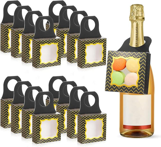 ISKYBOB 20PCS Wine Bottle Box with Window, Kraft Paper Wine Boxes for Birthday Gifts Hanging Wine Treat Box Mini Charcuterie Boxes Champagne Bottles Gift Boxes Candy Box for Party Favor (Black Gold)