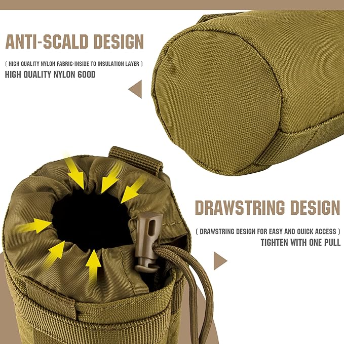 IronSeals Adjustable Tactical Water Bottle Pouch Foldable MOLLE Water Bottle Holder Drawstring Open Top Travel Water Bottle Bag