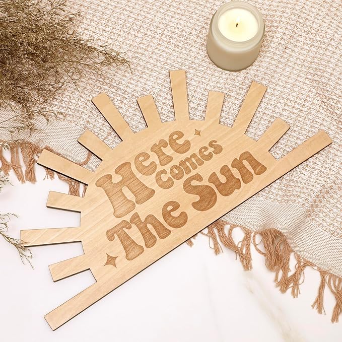 Here Comes The Sun Wooden Wall Sign Boho Nursery Room Decoration Sunshine Laser Cutting Engraved 14.6x7.6” Wall Decor for Home Living Room Kitchen Bathroom Bedroom Playroom