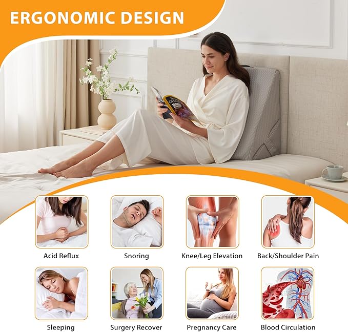 Bed Wedge Pillow for Sleeping, 9&12 Inch Wedge Pillow for Back Pain Relief, Adjustable 7-in-1 Memory Foam Triangle Pillow for Back and Leg Support, Acid Reflux, Snoring & Gerd, Grey