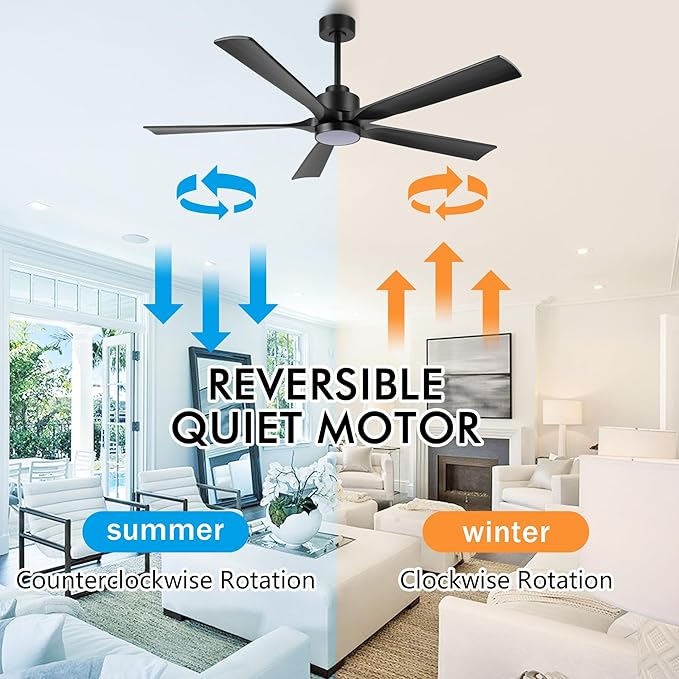 60" Modern Ceiling Fan with Lights and Remote Control, 5 Solid Wood Blades 6-Speed Noiseless Reversible DC Motor, Ceiling Fan for Bedroom Dinning Living Room, Black