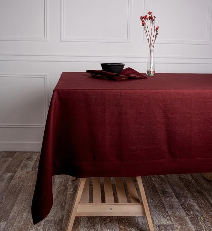 D'Moksha Homes Linen Tablecloth 60 x 140 Inch - 100% Pure Linen Dark Red Tablecloth - Machine Washable Dining Tablecloth for Rectangle Tables