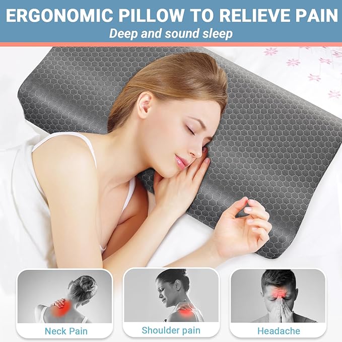 Neck Pillow Bed Pillow for Sleeping Memory Foam Pillows for Side Back Stomach Sleeper,Dark Grey