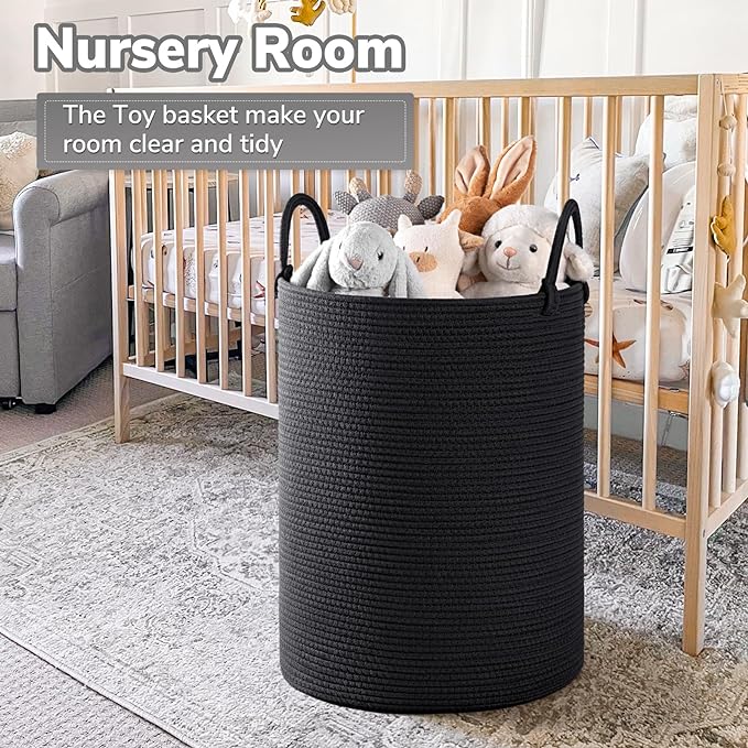 INDRESSME Woven Laundry Basket, Baby Nursery Hamper Bin Tall Storage Basket for Living Room, Kids Laundry Hamper for Clothes, Toys, Large Rope Basket for Blankets, Pillows, 19.7 x 13.8 inches, Black