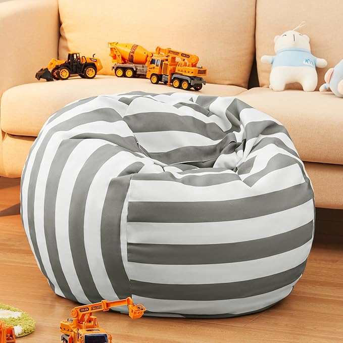 EXQ Home Kids Bean Bag Chairs Cover -Stuffed Animal Bean Bag Storage Grey and White Stripes-Zipper Bean Bag for Organizing Children Plush Toys Holiday Gift for Girl,Boys (XL)
