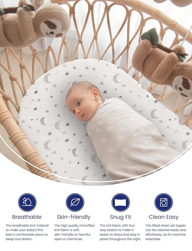 TotAha Premium Soft Bassinet Sheet for Boy Girl, Super Stretchy Jersey Knit Bassinet Fitted Sheet, Compatible with Halo, Maxi COSI, Mika Micky, SNOO, Baby Delight Mattress, 2 Pack, Moon & Grey Sky