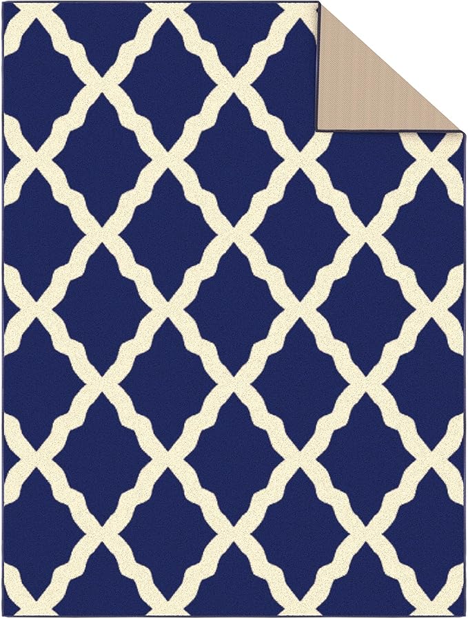Machine Washable Moroccan Trellis Design Non-Slip Rubberback 5x7 Traditional Indoor Area Rug for Living Room, Bedroom, Dining Room, 5' x 6'6", Navy