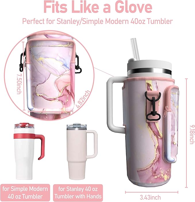Water Bottle Carrier Bag with Phone Pocket for 40oz Tumbler with Handle, Adjustable Strap Neoprene Water Bottle Sleeve Pouch for Hiking Camping Travelling. (Pink Marble)