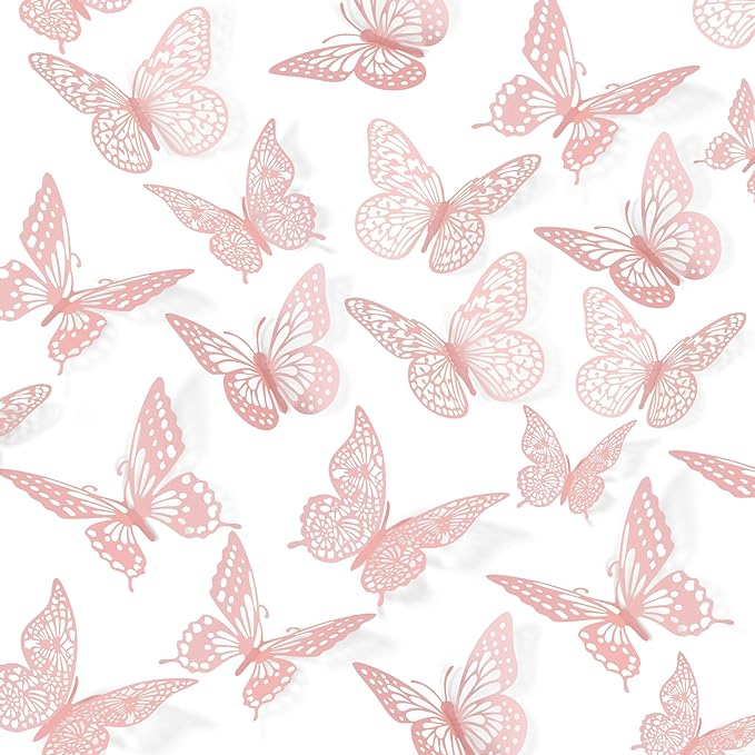 SAOROPEB 3D Butterfly Wall Decor 48 Pcs 4 Styles 3 Sizes, Pink Butterfly Birthday Decorations Pink Room Decor Butterfly Party Decorations Cake Decorations, Removable Wall Stickers (Pink)