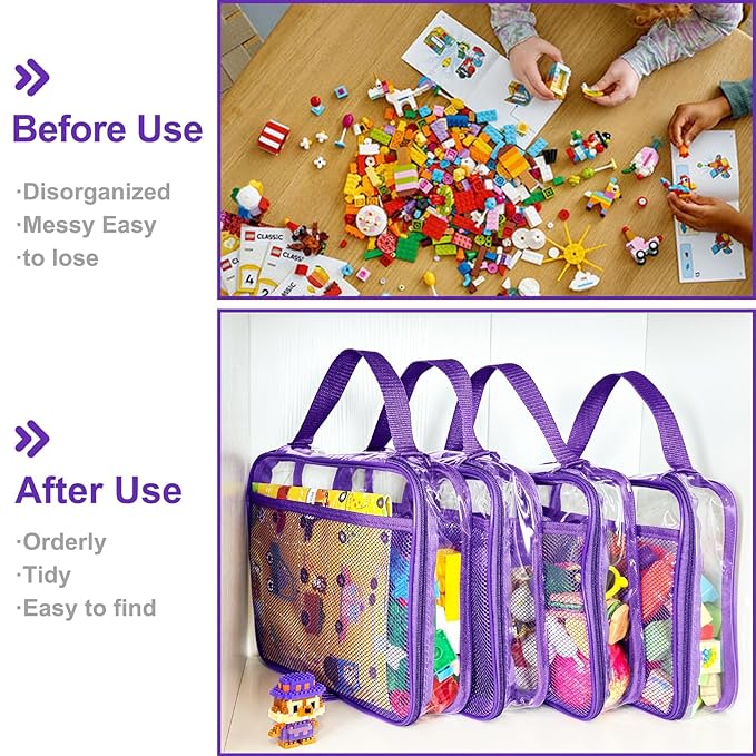 VERONLY 4 Packs PVC Toy Zippered Blocks, Travel Storage Case Bags for Organizing, Waterproof Toy Storage Bags with Mesh Pockets for Building Blocks, Puzzles, Clays,Toy Cars 11.8" Lx3 Wx9 H (Purple).