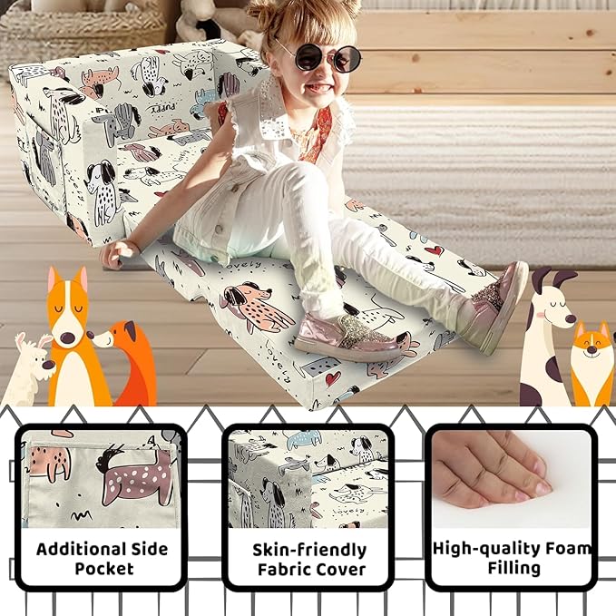 Kids Couch, 2-in-1 Convertible Sofa to Lounger, Comfy Flip-Out Couch Chair/Sleeper Bed for Toddler Boys and Girls (Beige-Dog)