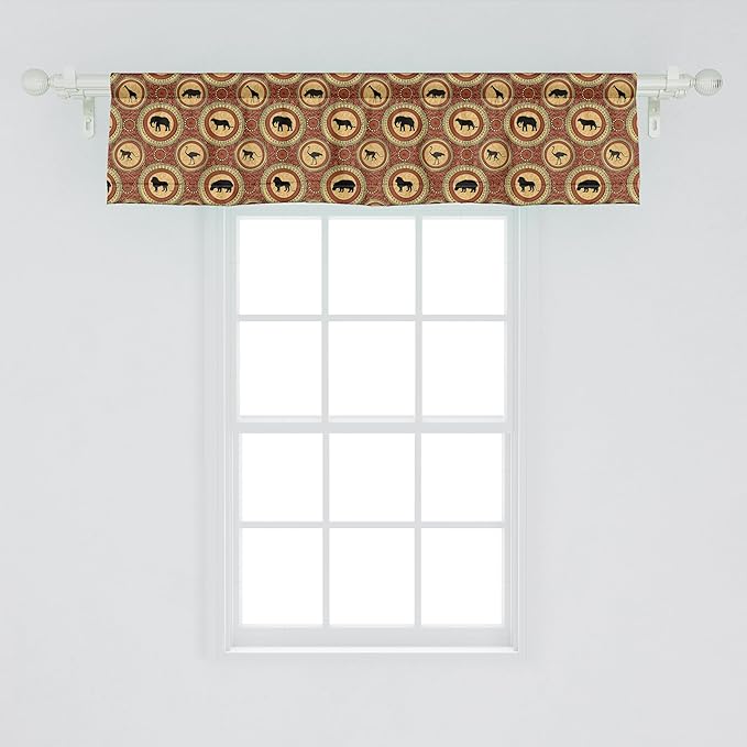 Ambesonne Savannah Window Valance, Medallion Pattern of Monkey Giraffe Lion African Inspired Ethnic Design, Curtain Valance for Kitchen Bedroom Decor with Rod Pocket, 42" x 12", Mustard and Brown