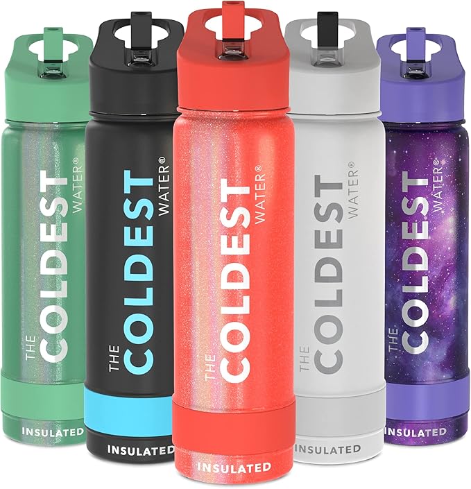 Coldest Sports Water Bottle with Straw Lid Vacuum Insulated Stainless Steel Metal Thermos Bottles Leak Proof Flask for Sports (24 oz, Mars Red Glitter)