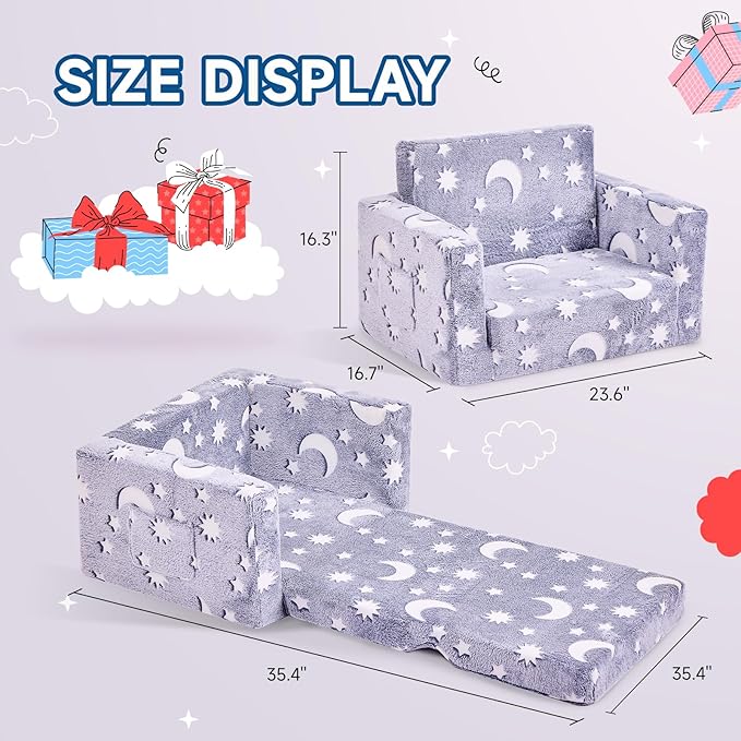 Toddler Chair, Toddler Couch, Kids Couch, Kids Sofa Chair 2 in 1, Comfy Toddler Chair Folding Out for Boys, Girls, Glow in The Dark Extra Soft Open Couch for Playroom, Gifts for Kids, Grey Star