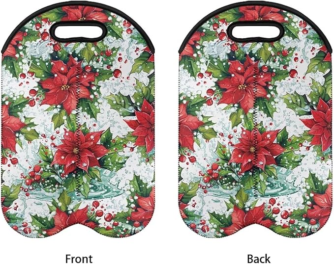 doginthehole Christmas Flowers Wine Carrier Tote Bag Two Bottle Champagne Carrying Bags Aesthetic Poinsettia Neoprene Wine/Water Bottle Holder with Carry Handle for Christmas Party, Travel