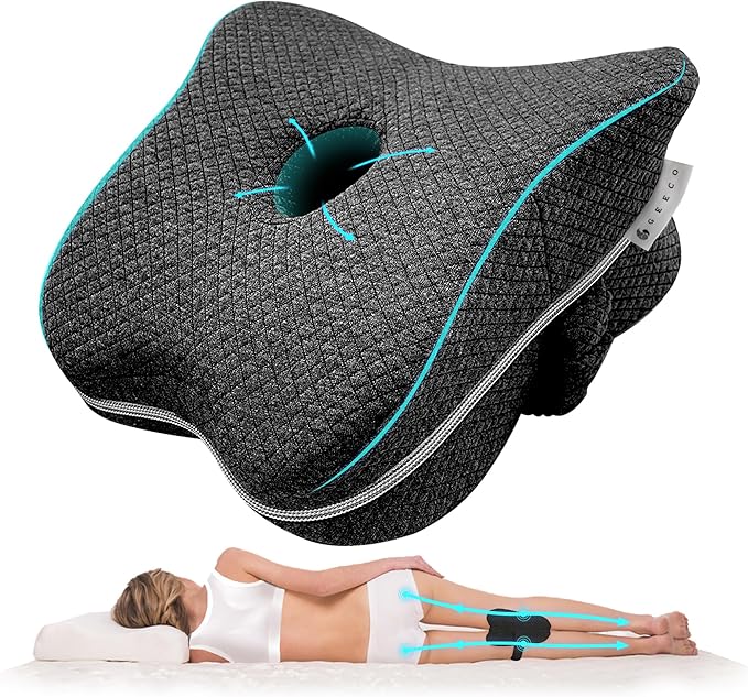 Knee Pillow for Side Sleepers Hip Pain, Between Knee Pillow for Side Sleepers with Strap, Sciatica Pain Relief Pillow Supports Back Pain, Ergonomic Leg Positioner Pillow with Washable Cover, Grey