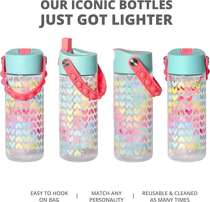 Elemental Leak Proof Water Bottles for Kids - Splash Kids Water Bottle for School with Fun Fidget Pop-it Handle - BPA Free Tritan Plastic Reusable Water Bottle with Straw - Rainbow Heart - 18oz