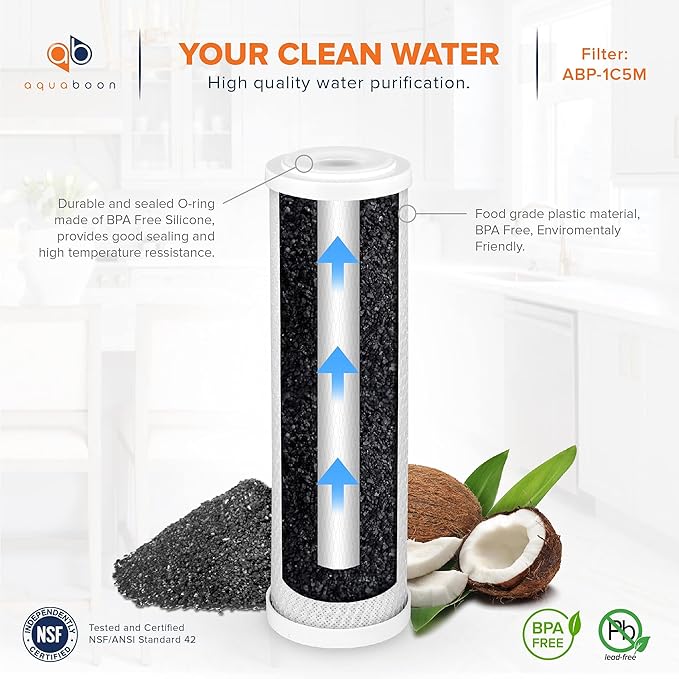 Aquaboon 5 Micron Water Filter 10 x 2.5 - Premium Carbon Block Water Filter - Carbon Water Filter Cartridges - Whole House Water Filter Cartridge Replacement Compatible with FXWTC, WFPFC8002, 3 Pack