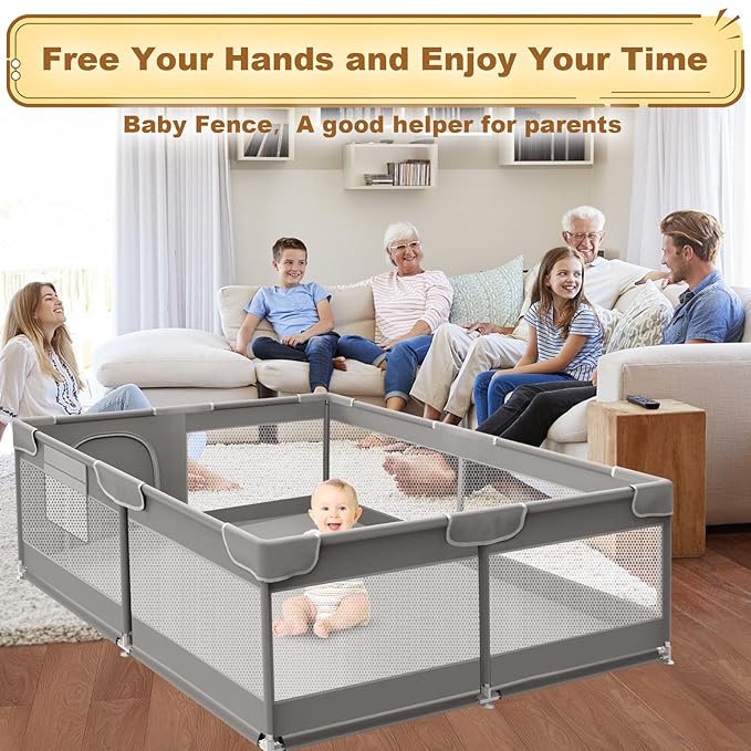 Baby Playpen 50 x 50 Inch Play Pen Playards, Playpen for Babies and Toddlers, Baby Playard for Indoor & Outdoor Active Center Game Fence, with Skin-Friendly Fabric and Soft Breathable Mesh Grey